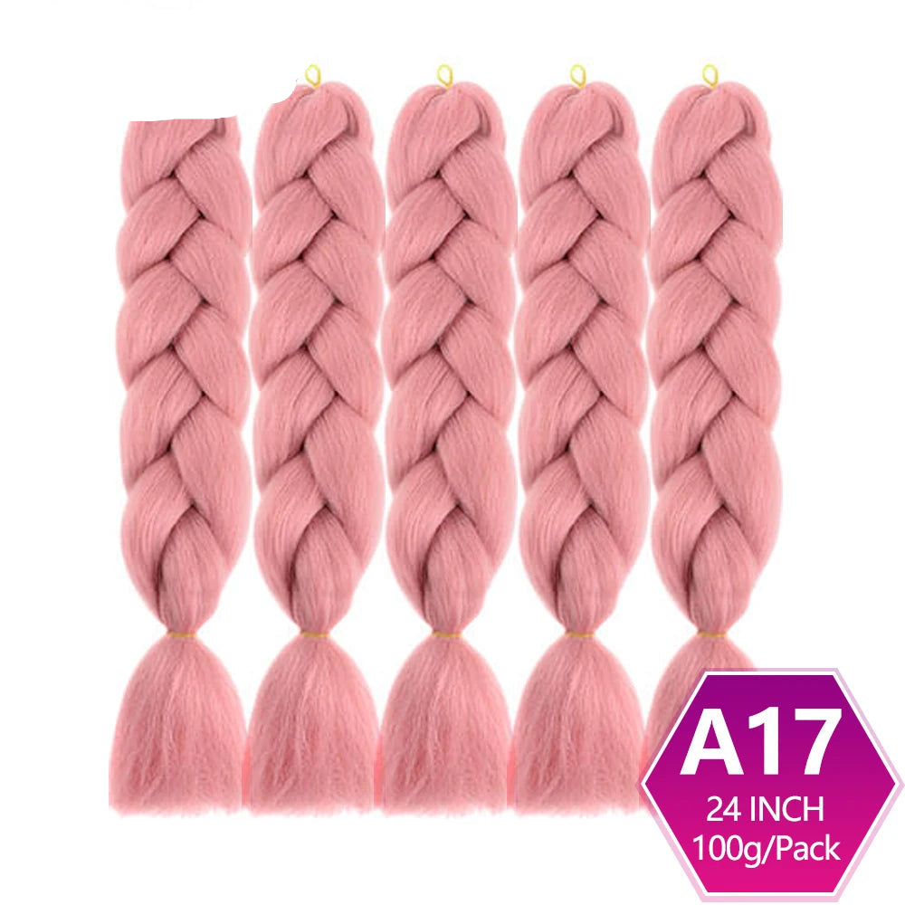 Five pink braided hair extensions with  on a white background.