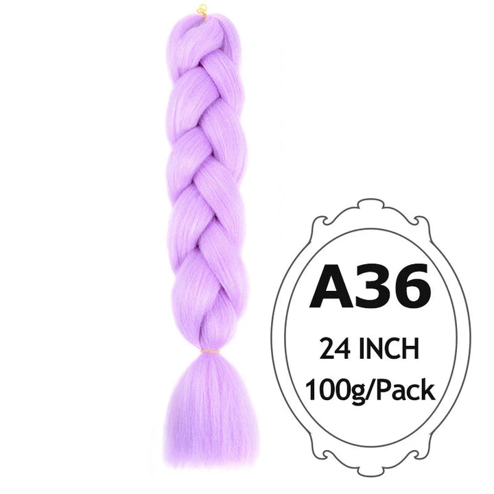 Purple braided hair extension with and product details on a white background.