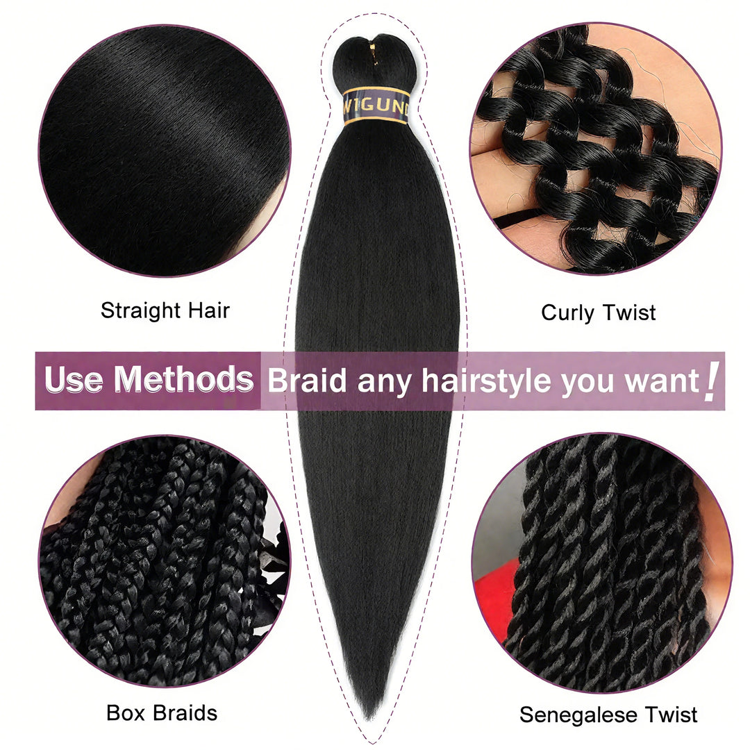 Hair extensions with different styling methods displayed on a white background.