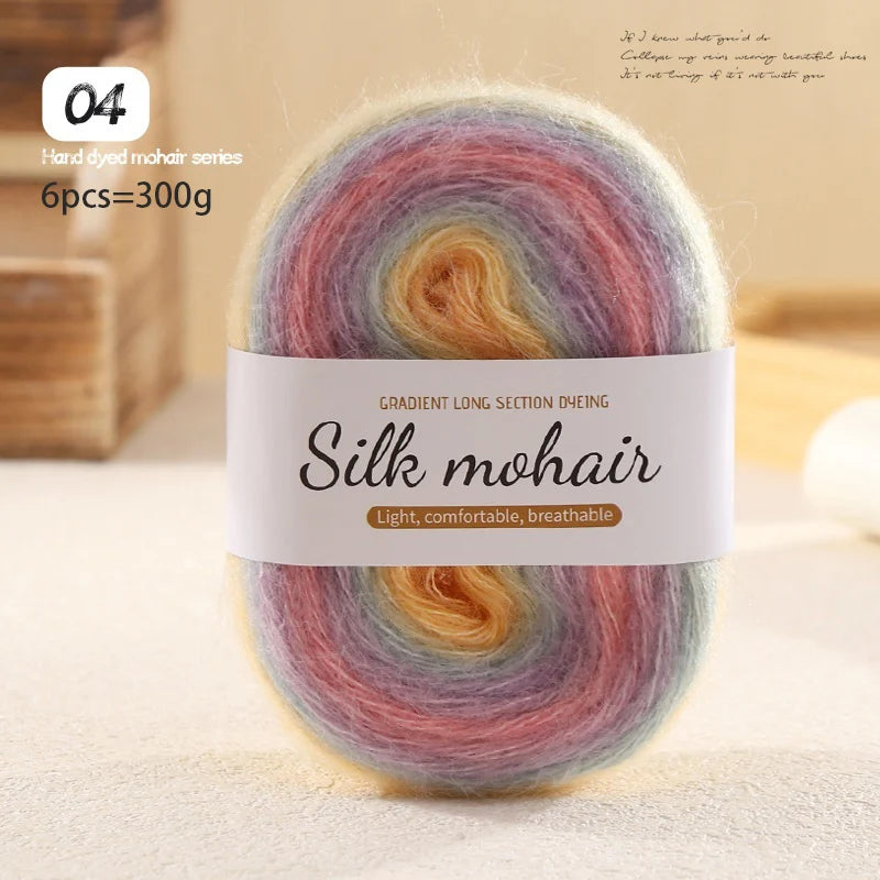 300g Rainbow Gradient Silk Mohair Yarn – Section Dyed Knitting Yarn (6 Pieces/Bag)