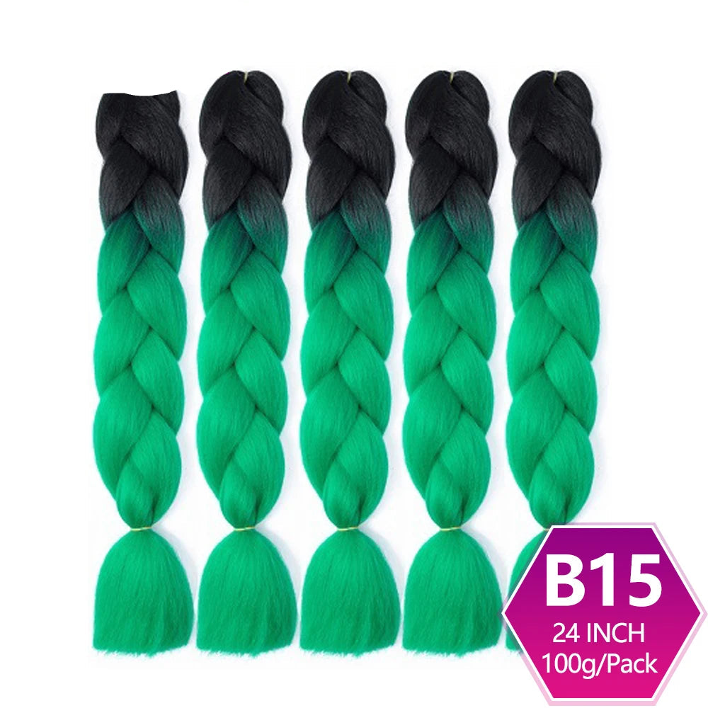 Five braided hair extensions with black to green ombre color transition