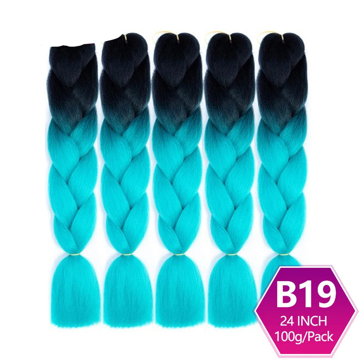 Five braided hair extensions with black to blue gradient on a white background