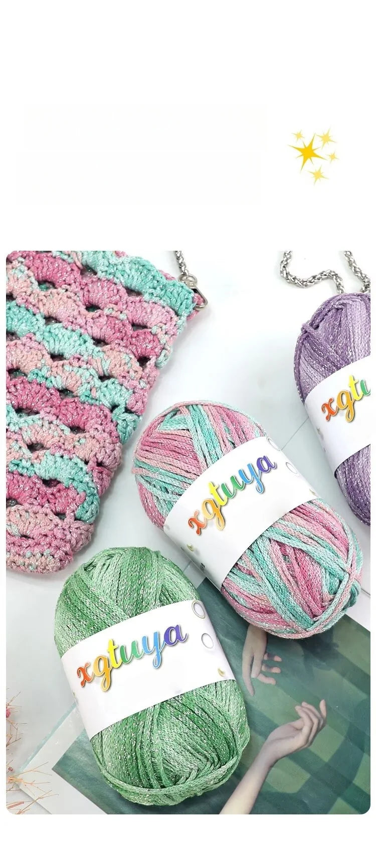 Shiny Gradient Hollow Yarn – Colorful Knitting Yarn for Handmade Accessories, Bags & DIY Crafts