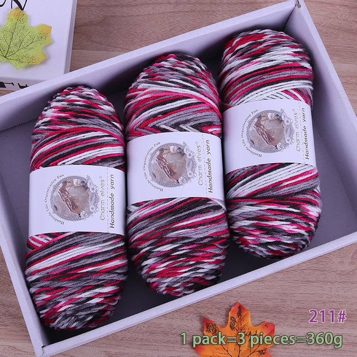 360g Rainbow Gradient Section-Dyed Yarn – Medium-Thick Hand Knitting Yarn for Sweaters, Hats & Scarves (3pcs Pack)