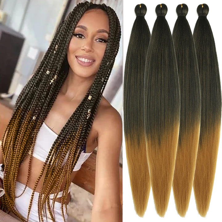 Ombre Pre-Stretched EZ Braiding Hair – 4PCS Natural Yaki Synthetic Extensions for Box Braids & Twists