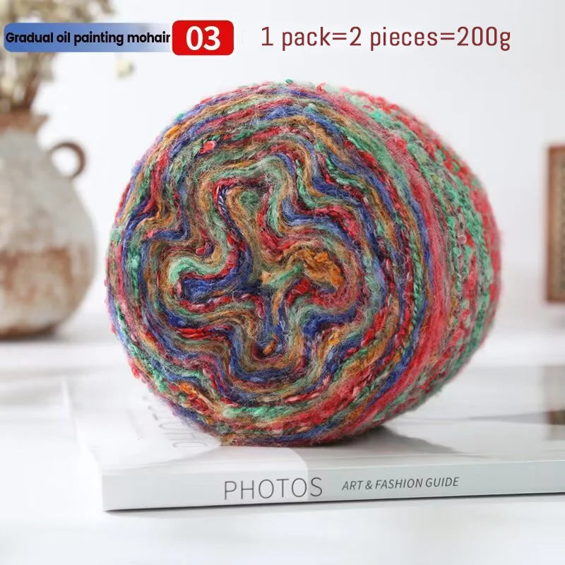 200g Oil Painting Gradient Mohair Wool Yarn (2 Pieces) – Colorful Rainbow Yarn for Sweaters, Coats, Hats & Scarves