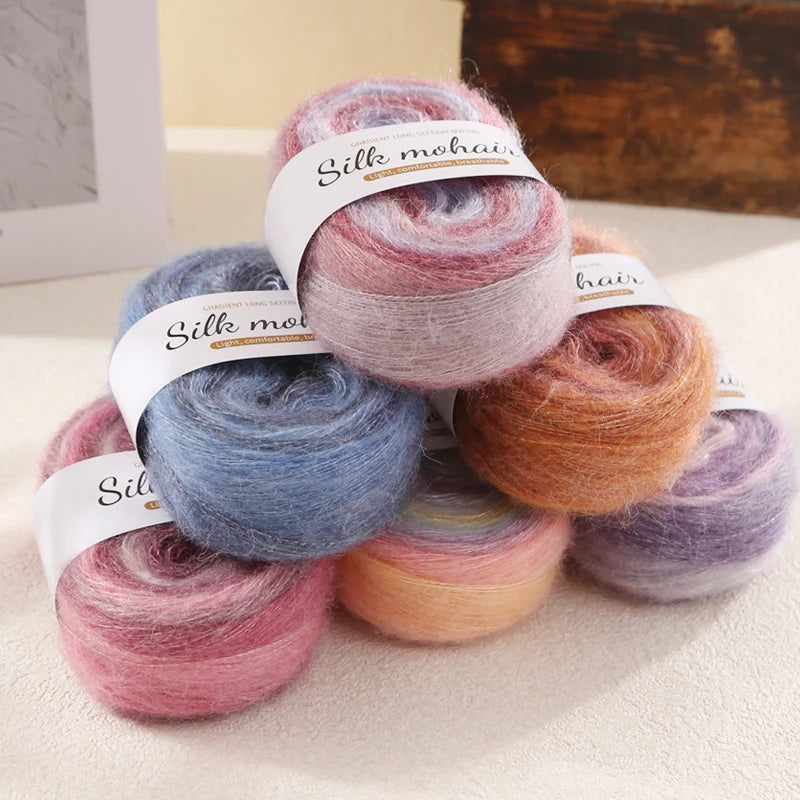 300g Rainbow Gradient Silk Mohair Yarn – Section Dyed Knitting Yarn (6 Pieces/Bag)