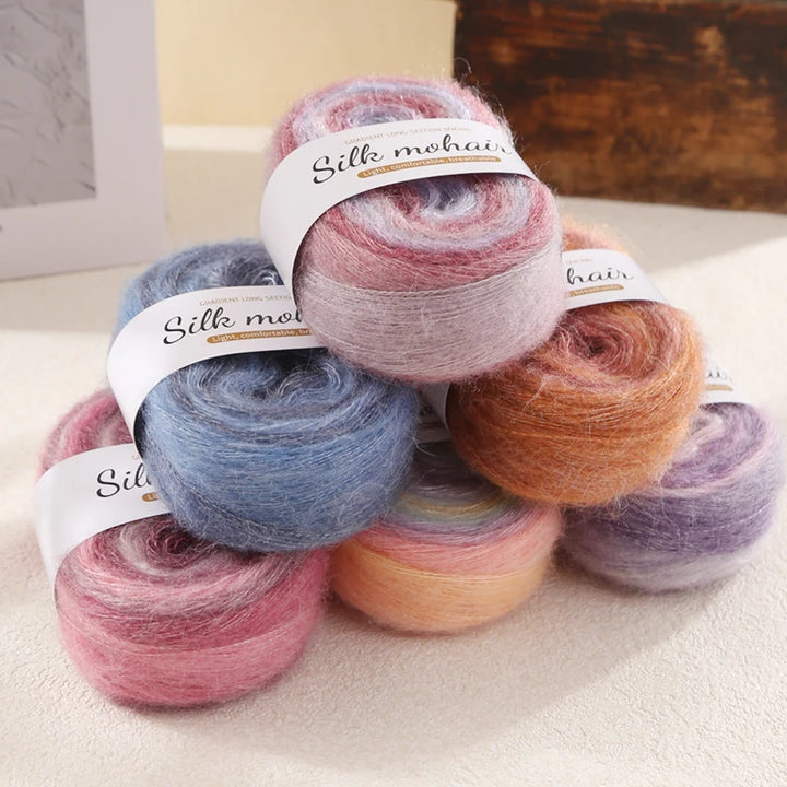 300g Rainbow Gradient Silk Mohair Yarn – Section Dyed Knitting Yarn (6 Pieces/Bag)