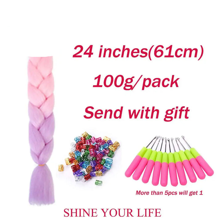Hair braiding set with pink and purple braided hair, colorful beads, and green-handled tools on a white background.
