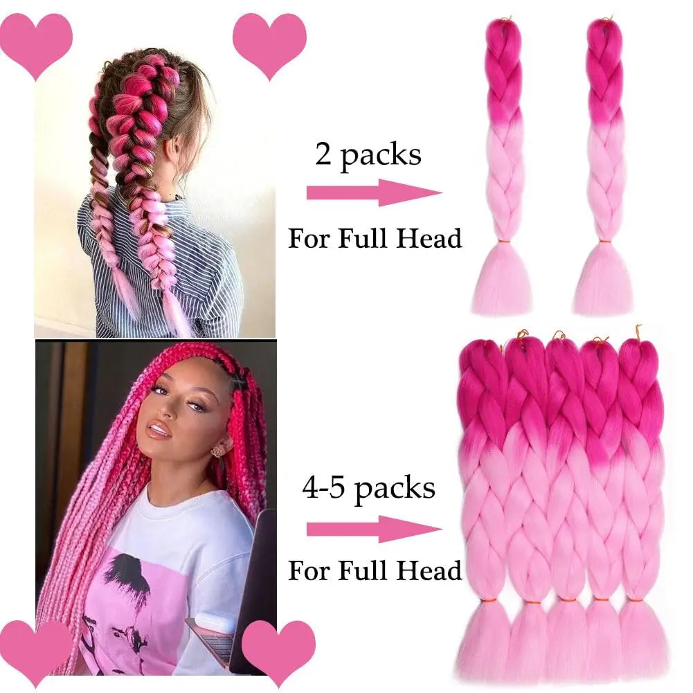 Pink ombre braided hair extensions with packaging and heart graphics.