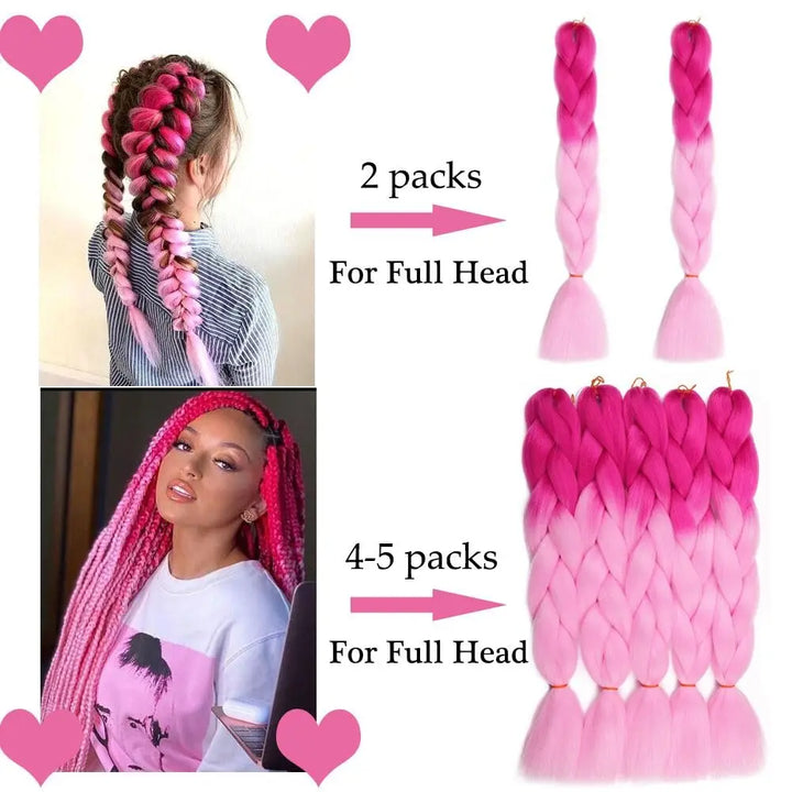 Pink ombre braided hair extensions with packaging and heart graphics.