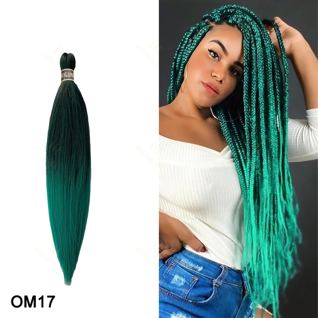 Green braided hair extensions with a model wearing them