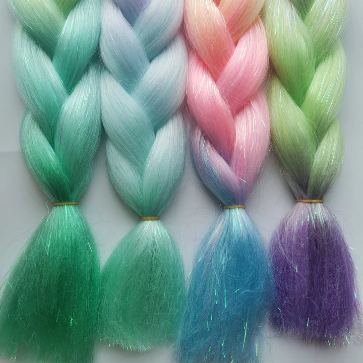 Colored Jumbo Braiding Hair with Mixed Tinsels – 24 Inch Ombre Braids, 4-Tone Synthetic Hair for Festivals & Raves (Girls & Kids)