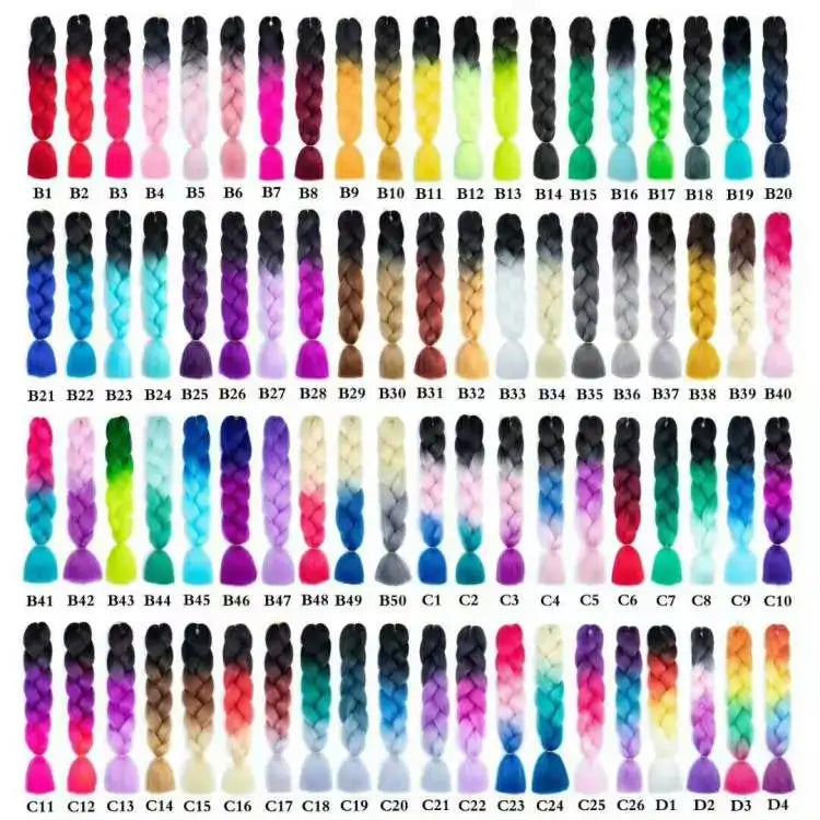 Colorful braided hair extensions in various shades arranged in a grid.