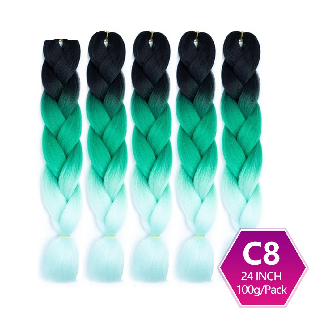 Five braided hair extensions with gradient color from black to green on a white background