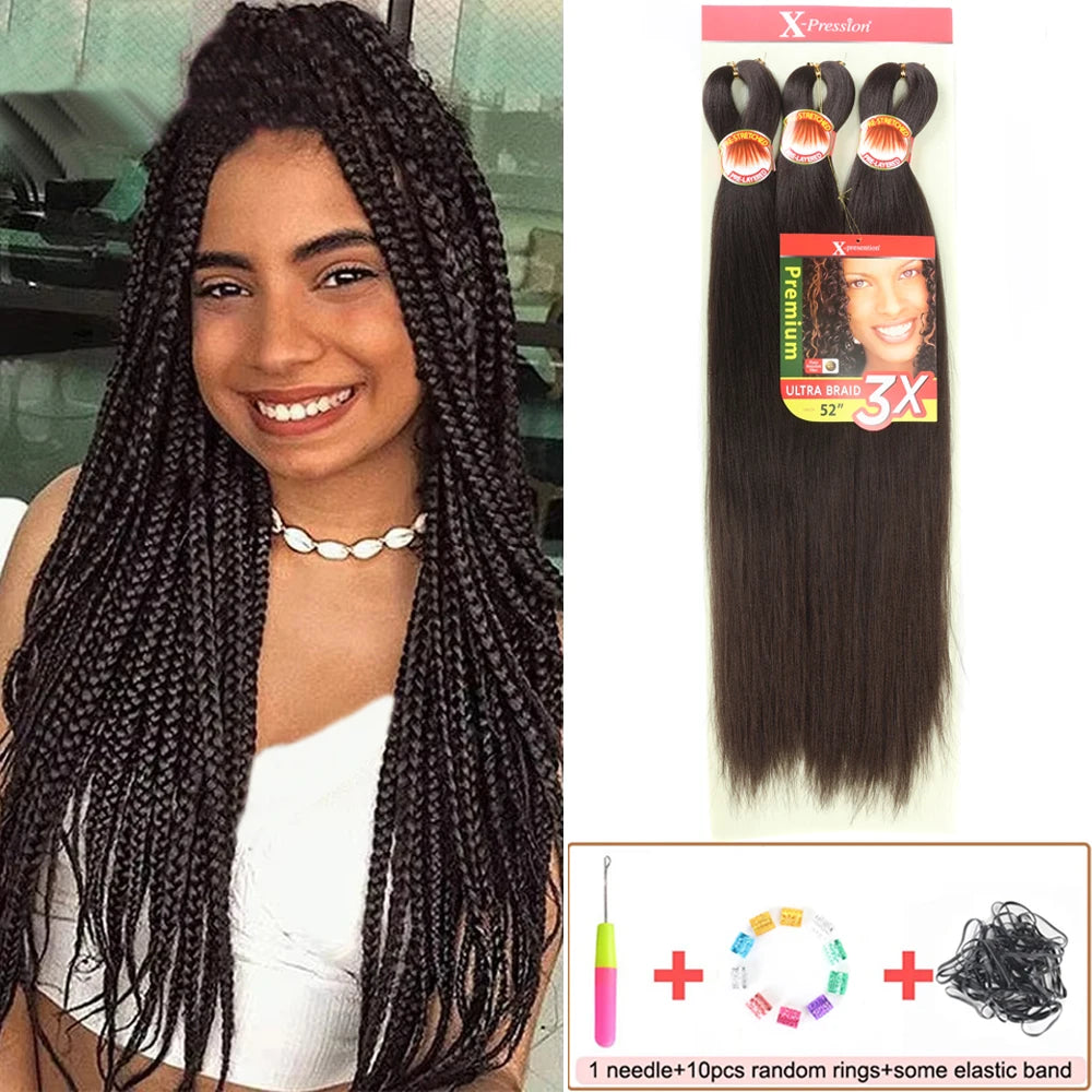 Woman with long braided hair next to a package of hair extensions and accessories.