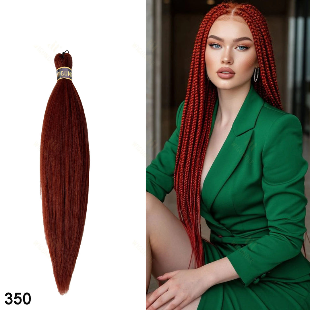 Red hair extensions with a model wearing green clothing