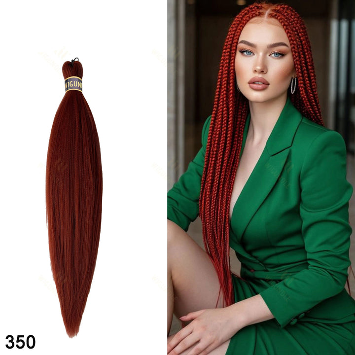 Red hair extensions with a model wearing green clothing