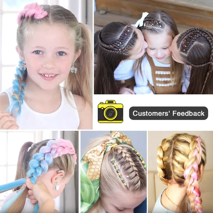 Collage of children with styled hair and a camera icon with 'Customers' Feedback' text.