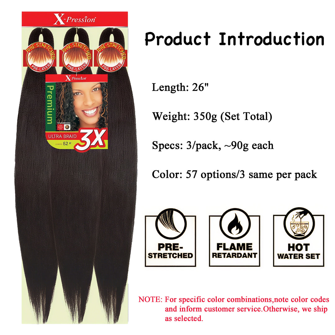 Hair extensions with packaging and product details on a white background