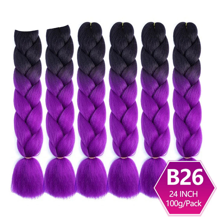Purple and black braided hair extensions with  on a white background.