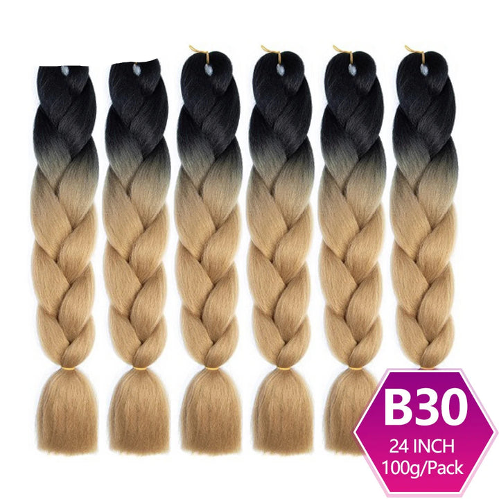 Set of braided hair extensions with ombre color transition from black to blonde