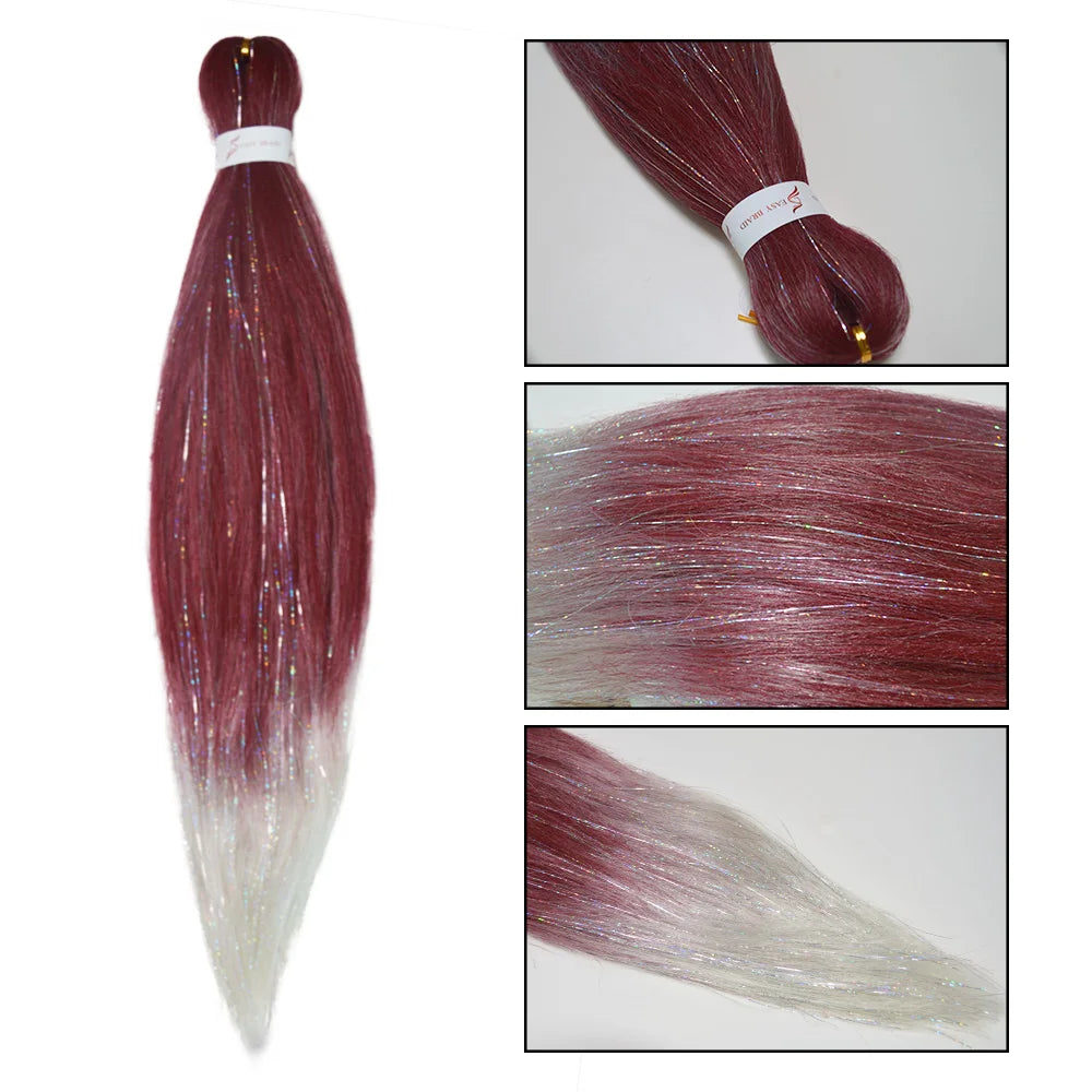 Dark Red & White 3-Tone Ombre Braiding Hair – Straight Jumbo Braids with Tinsel, Festival & Rave Hair Extensions for Girls (Crazy Hair Day)