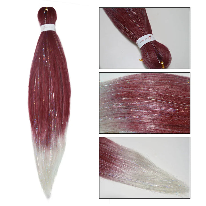 Dark Red & White 3-Tone Ombre Braiding Hair – Straight Jumbo Braids with Tinsel, Festival & Rave Hair Extensions for Girls (Crazy Hair Day)