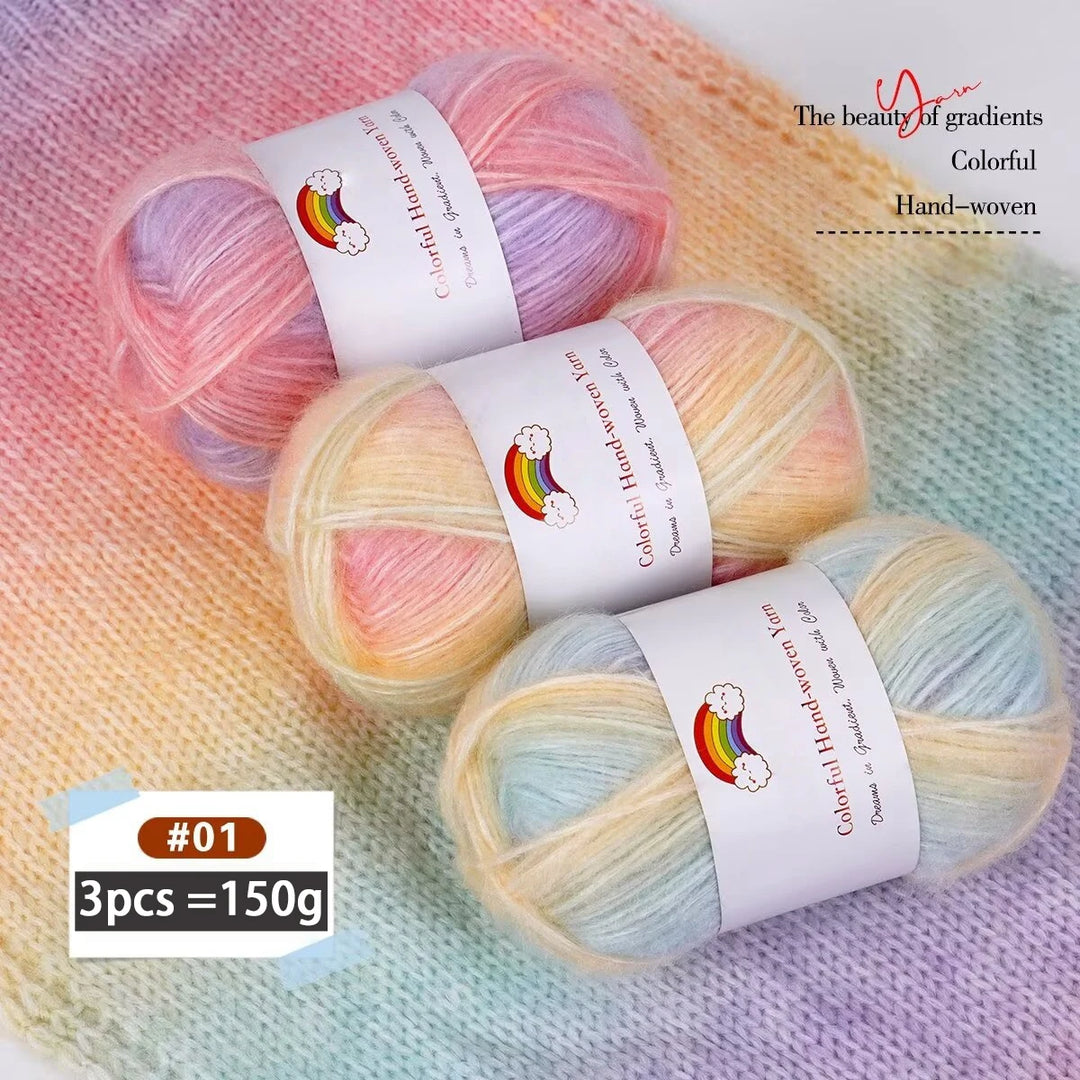 150g Mohair Gradient Spray Yarn (3 Skeins) – Lightweight Rainbow Knitting Yarn for Sweaters, Hats, Scarves & Shawls