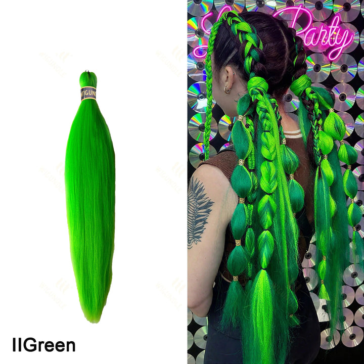 Green hair extensions with a person styled with them, on a colorful background.