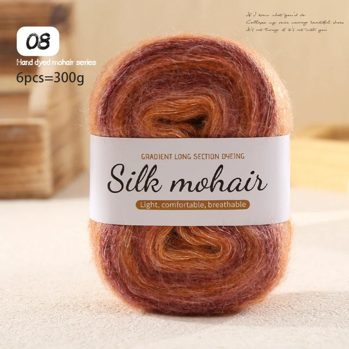 300g Rainbow Gradient Silk Mohair Yarn – Section Dyed Knitting Yarn (6 Pieces/Bag)