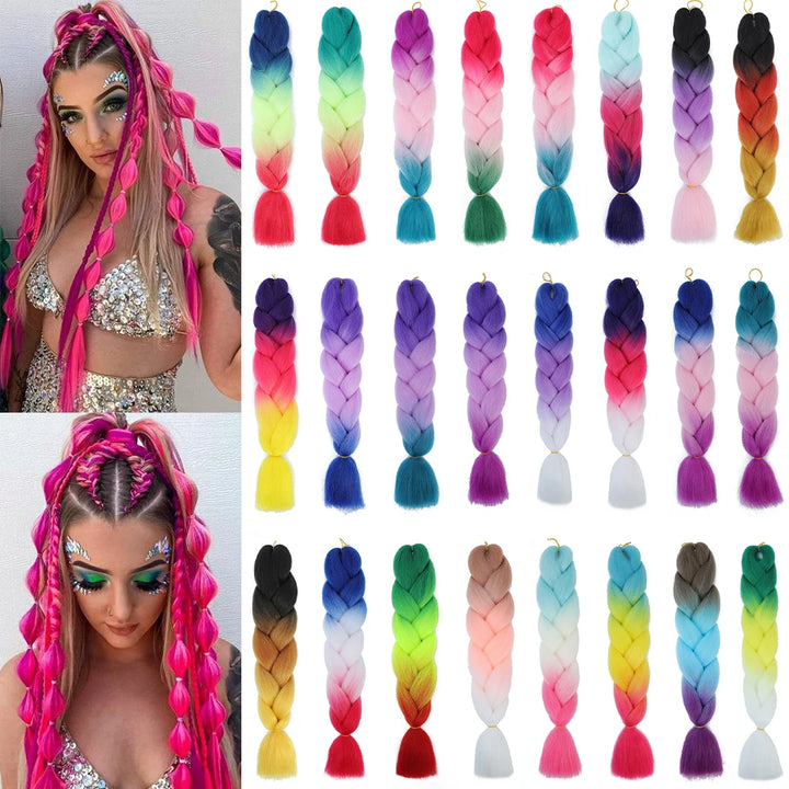 🌈 Synthetic Braiding Hair 24 Inch – Jumbo Ombre Braid Extensions (Purple, Pink, Yellow, Red)