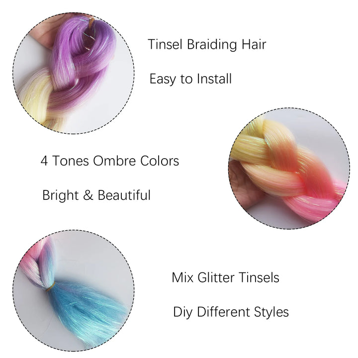 Colored Jumbo Braiding Hair with Mixed Tinsels – 24 Inch Ombre Braids, 4-Tone Synthetic Hair for Festivals & Raves (Girls & Kids)