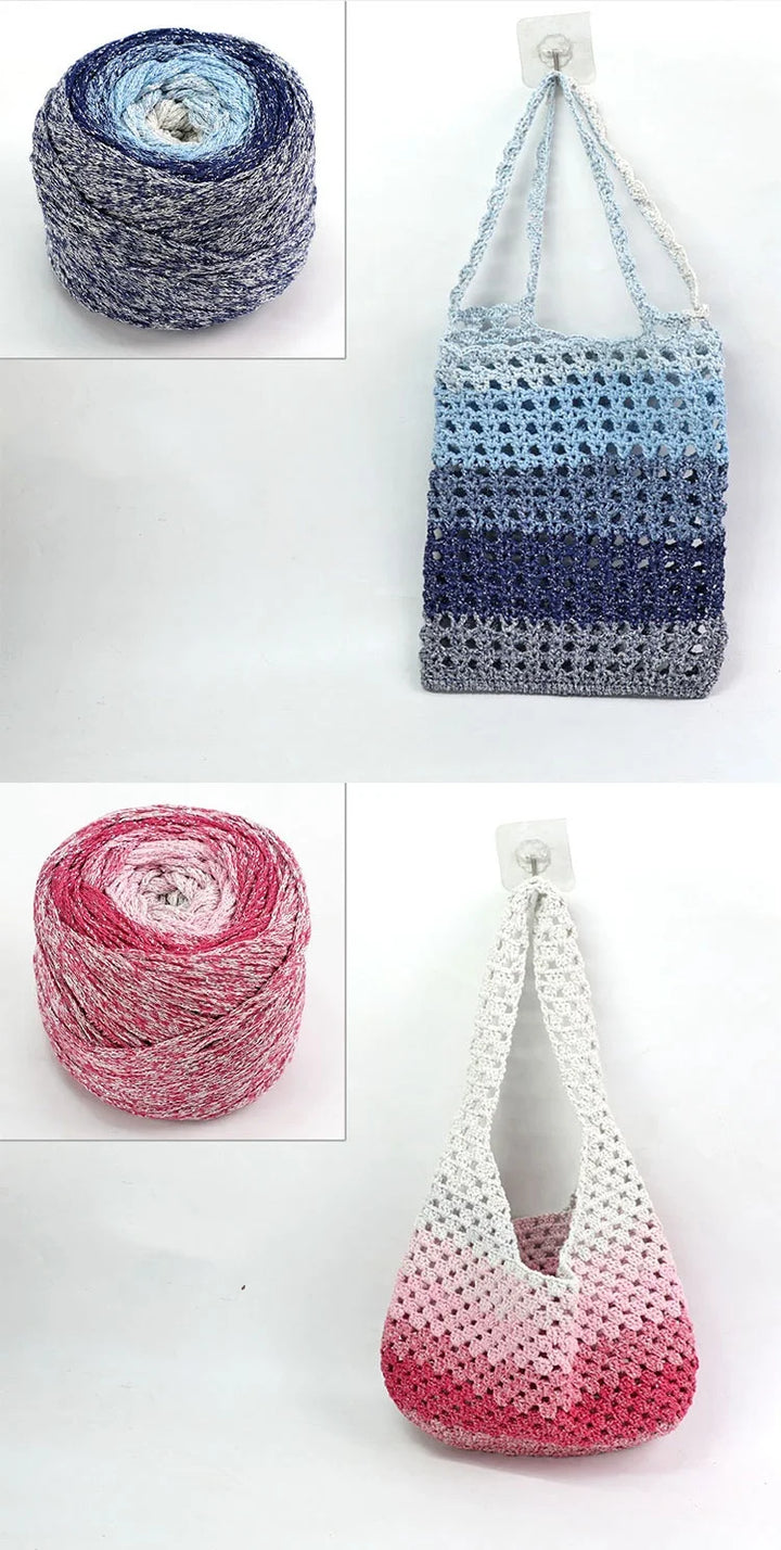 200g Shiny Gradient Silver Yarn – Large Skein Hollow Knitting Yarn for Bags, Hats & DIY Crafts