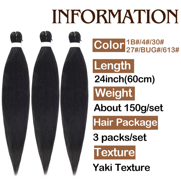 Three bundles of black hair extensions with product information text on a white background.