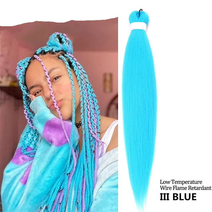 Person with blue braided hair and a close-up of blue hair extensions on a white background.