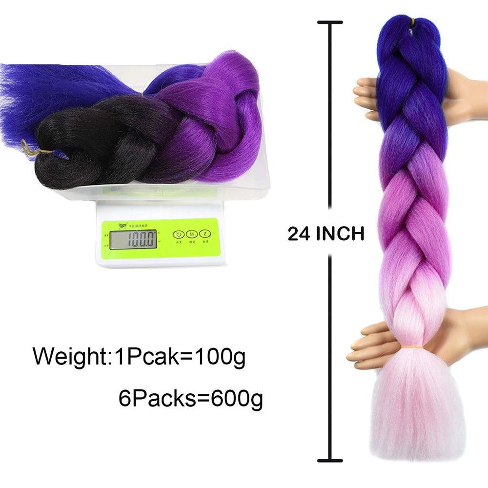 3/4/5/6 Packs Jumbo Braiding Hair 24 Inch Purple Jumbo Braids Hair Extensions for Women Synthetic Fiber Pink Blue Red Braid Hair