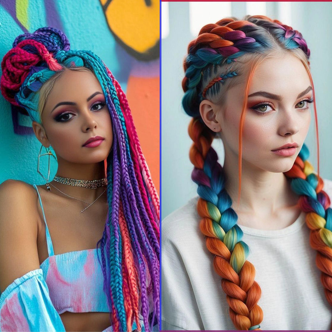 Two women with colorful braided hairstyles against different backgrounds.
