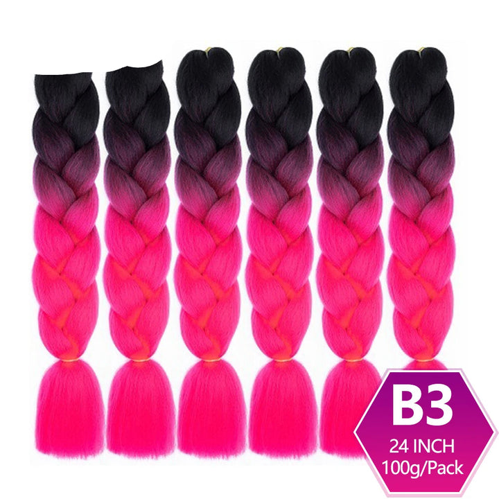 Set of braided hair extensions with black and pink ombre color