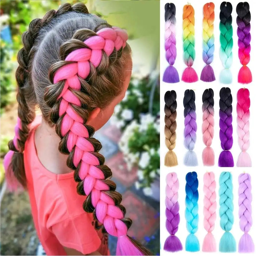 Colorful braided hair extensions with a girl wearing pink braids outdoors.
