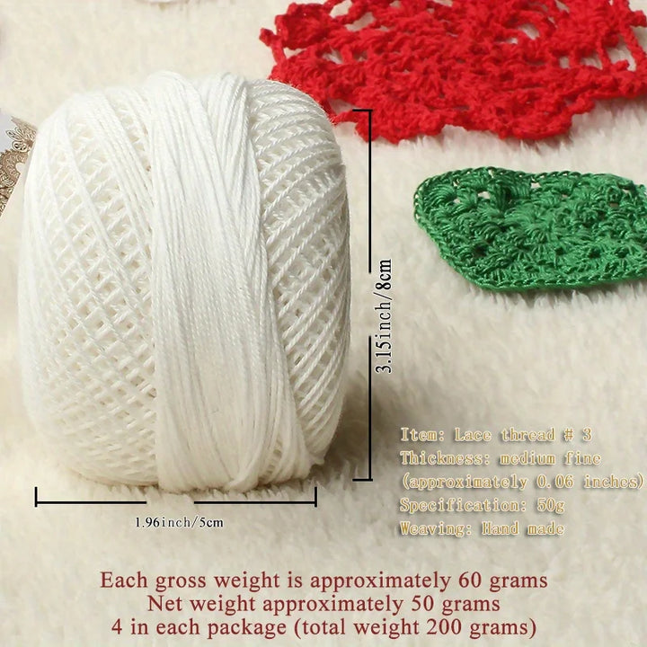 No. 3 Pearl Lace Cotton Thread (4 Pack / 200g) – Fine Hand-Knitting & Crochet Yarn for Shawls, Hats & Summer Outwear