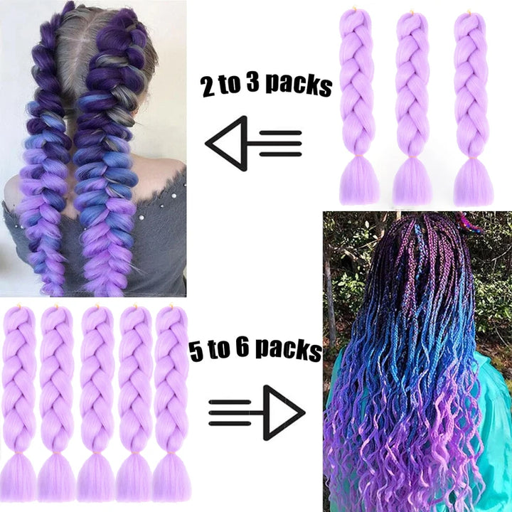 Purple and blue braided hair extensions with quantity options shown.