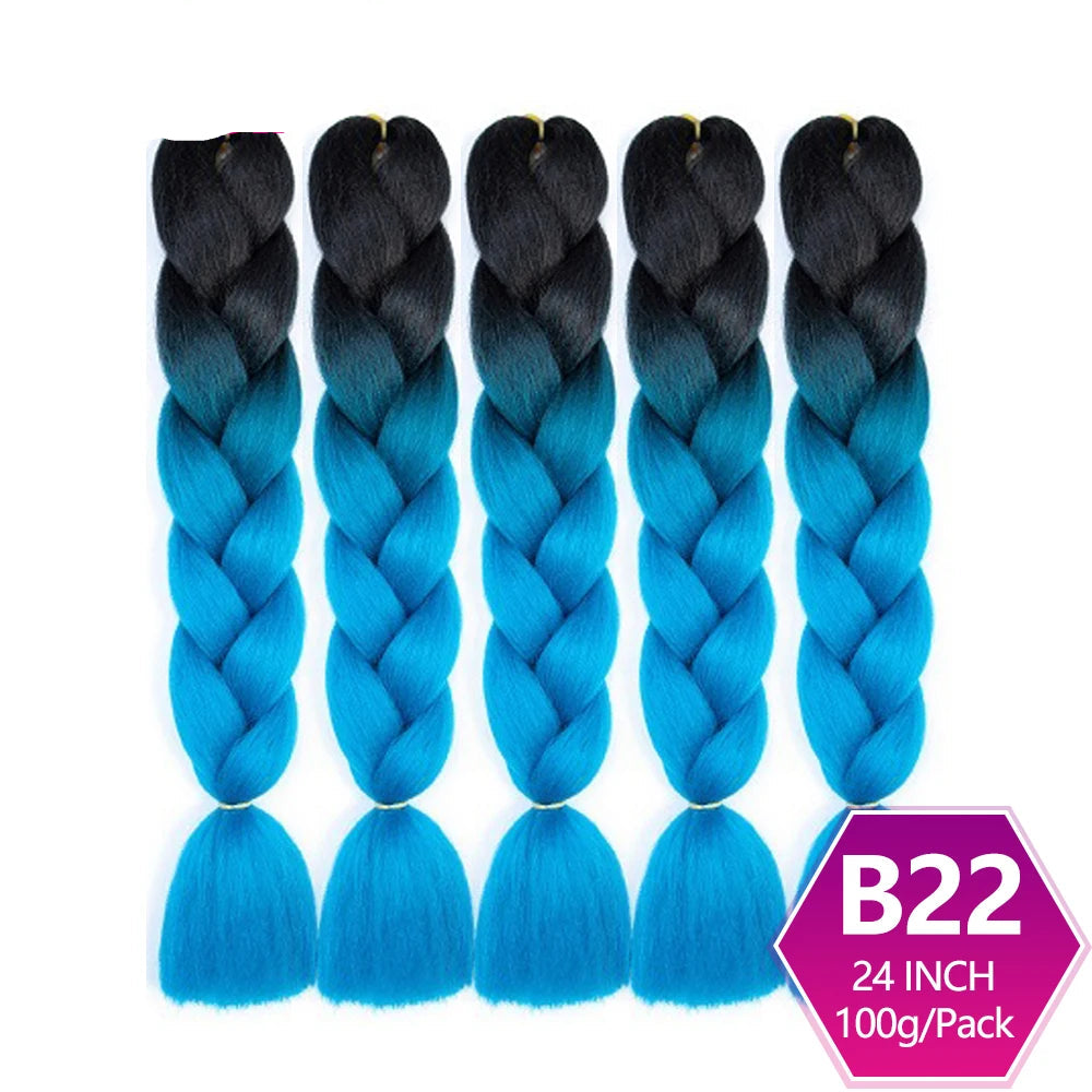 Five braided hair extensions with black and blue ombre color on a white background.