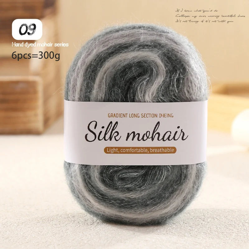 300g Rainbow Gradient Silk Mohair Yarn – Section Dyed Knitting Yarn (6 Pieces/Bag)