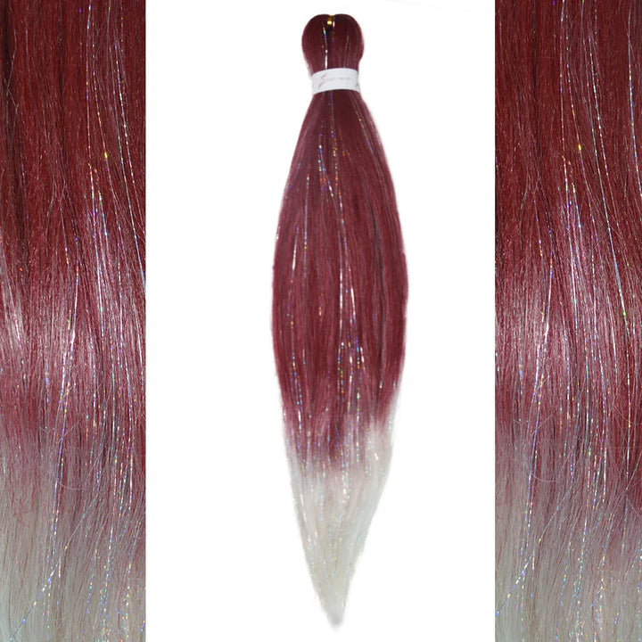 Dark Red & White 3-Tone Ombre Braiding Hair – Straight Jumbo Braids with Tinsel, Festival & Rave Hair Extensions for Girls (Crazy Hair Day)