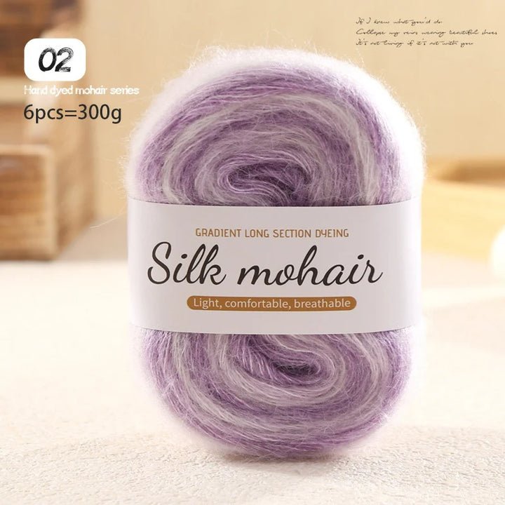 300g Rainbow Gradient Silk Mohair Yarn – Section Dyed Knitting Yarn (6 Pieces/Bag)