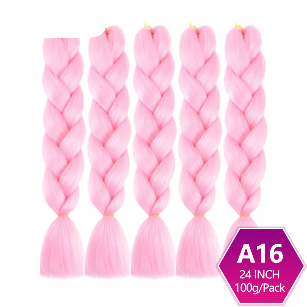 Five pink braided hair extensions with  on a white background.