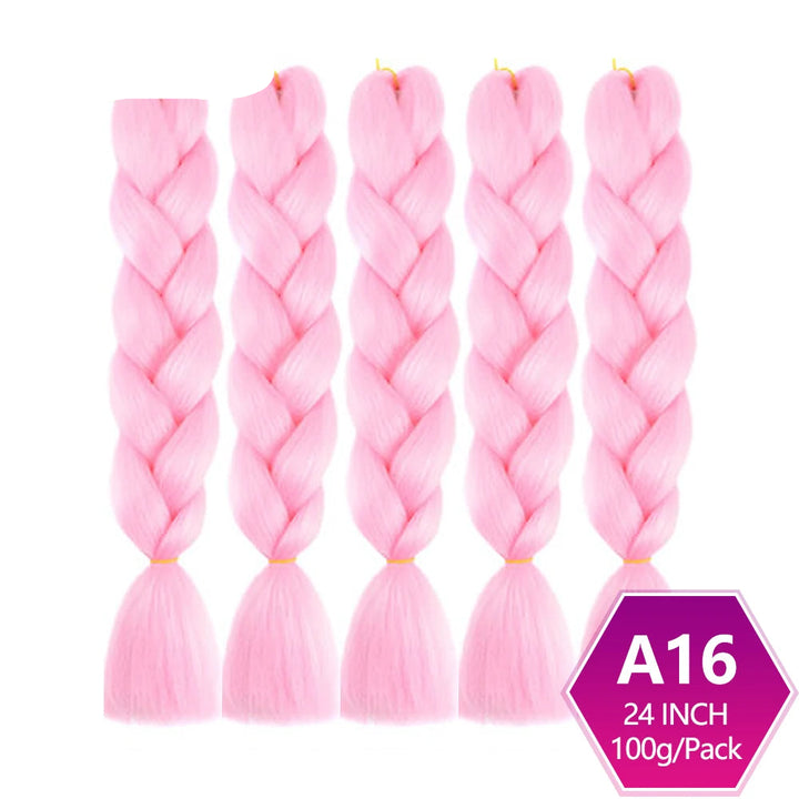 Five pink braided hair extensions with  on a white background.