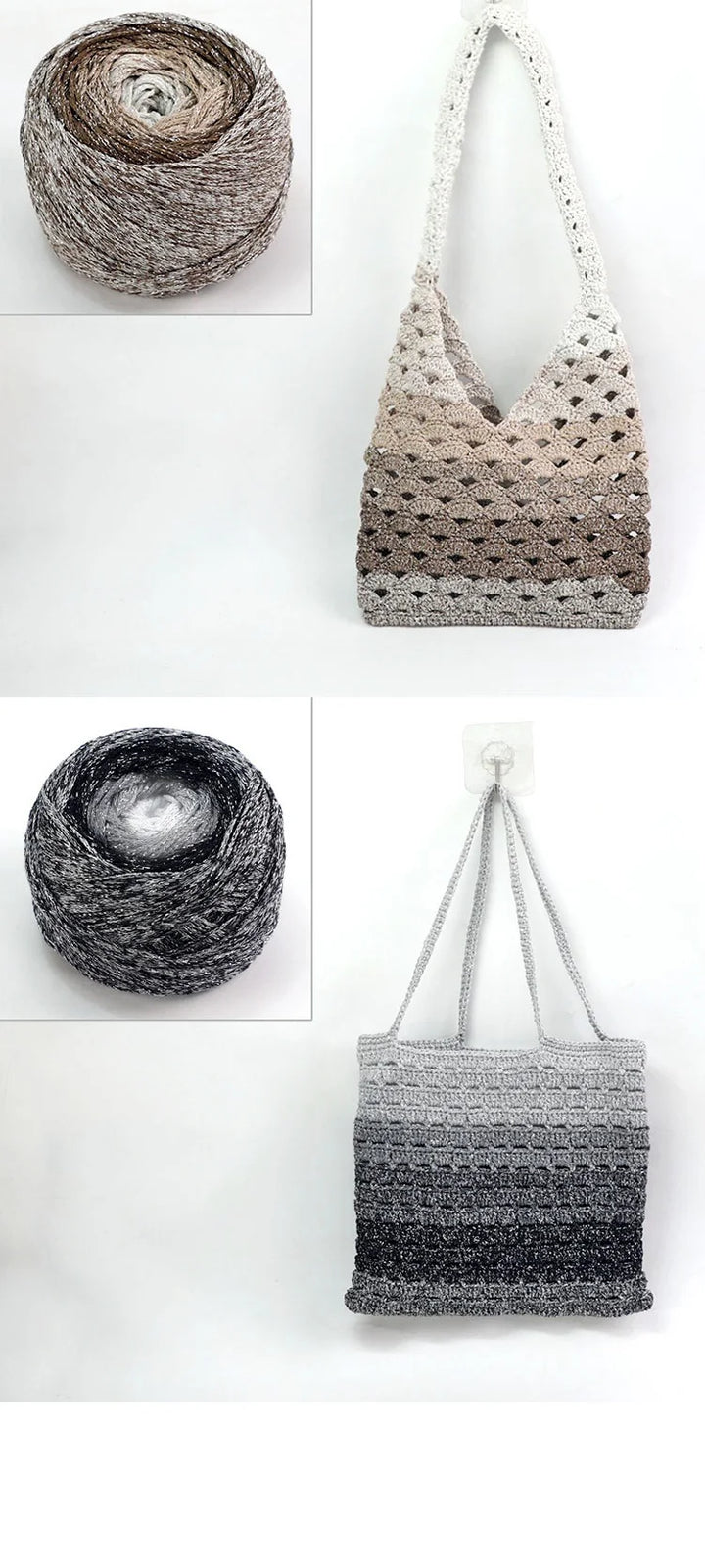 200g Shiny Gradient Silver Yarn – Large Skein Hollow Knitting Yarn for Bags, Hats & DIY Crafts