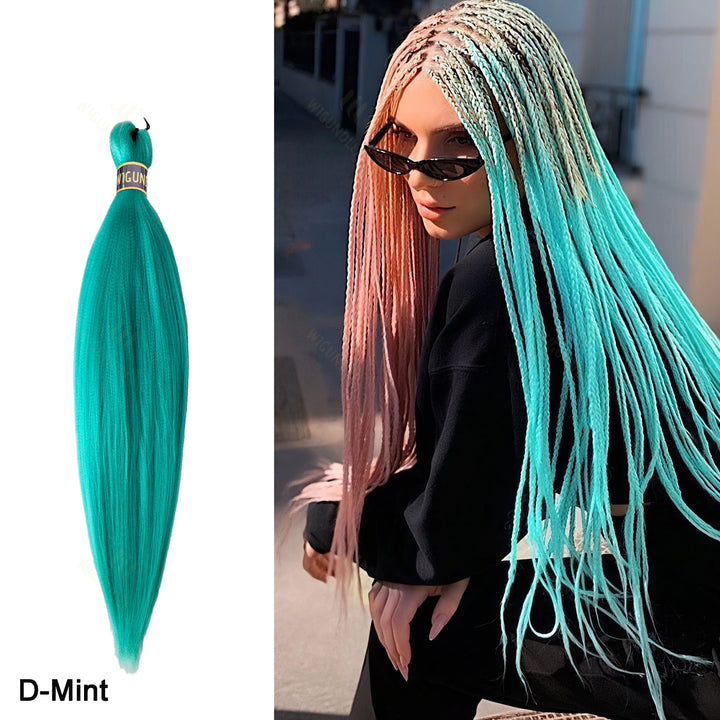 Teal hair extension with a person wearing colorful hair extensions on a blurred background.